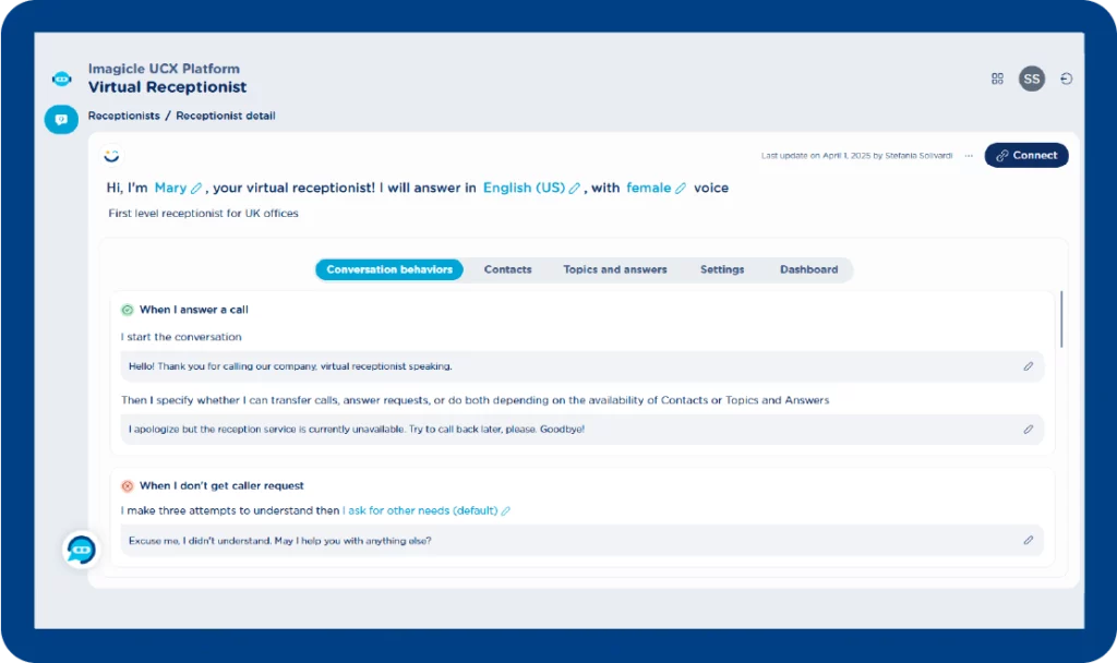 User Interface of Imagicle AI Virtual Receptionist