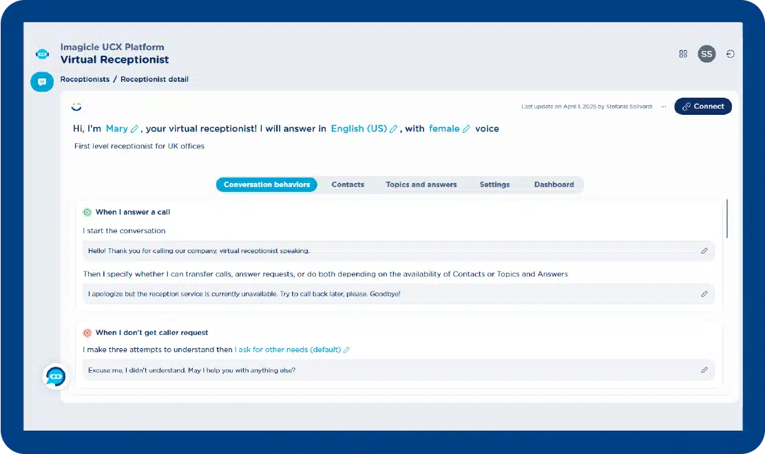 User Interface of Imagicle AI Virtual Receptionist