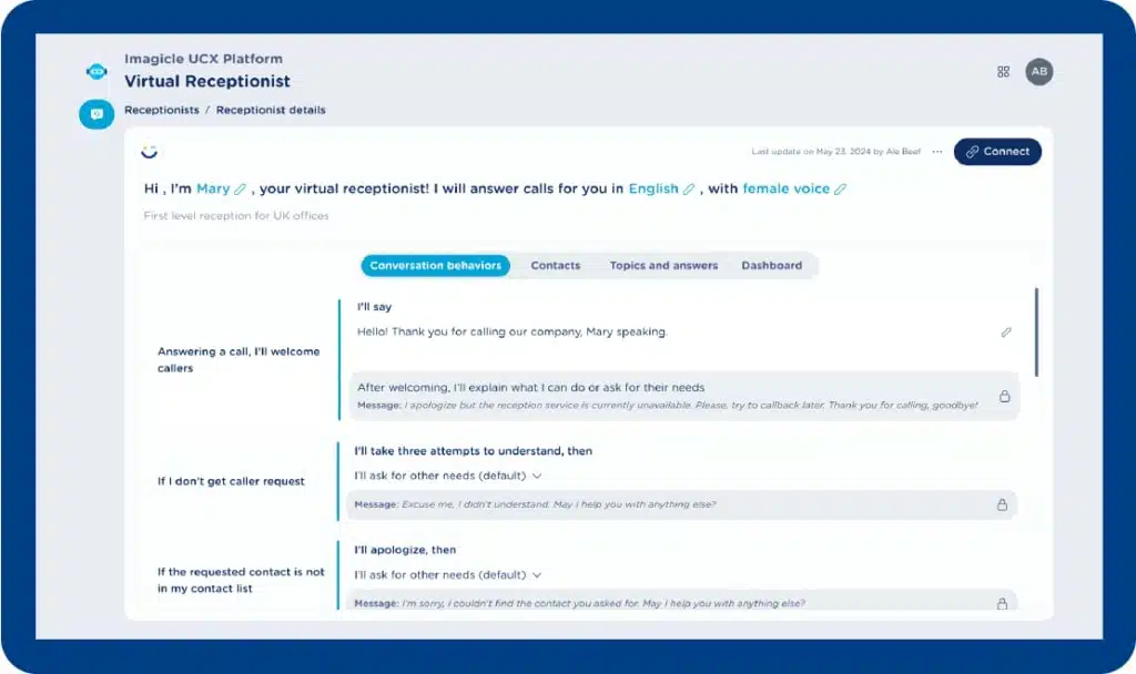 The UI of Imagicle AI Virtual Receptionist